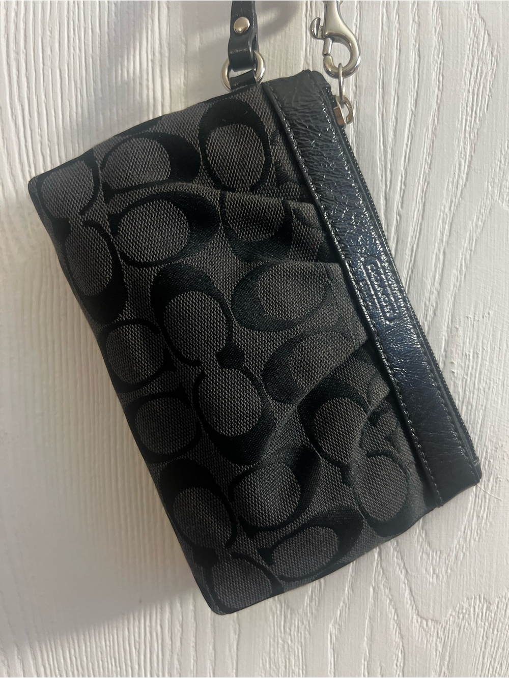 Coach Black Signature Monogram Wristlet with Patent Trim